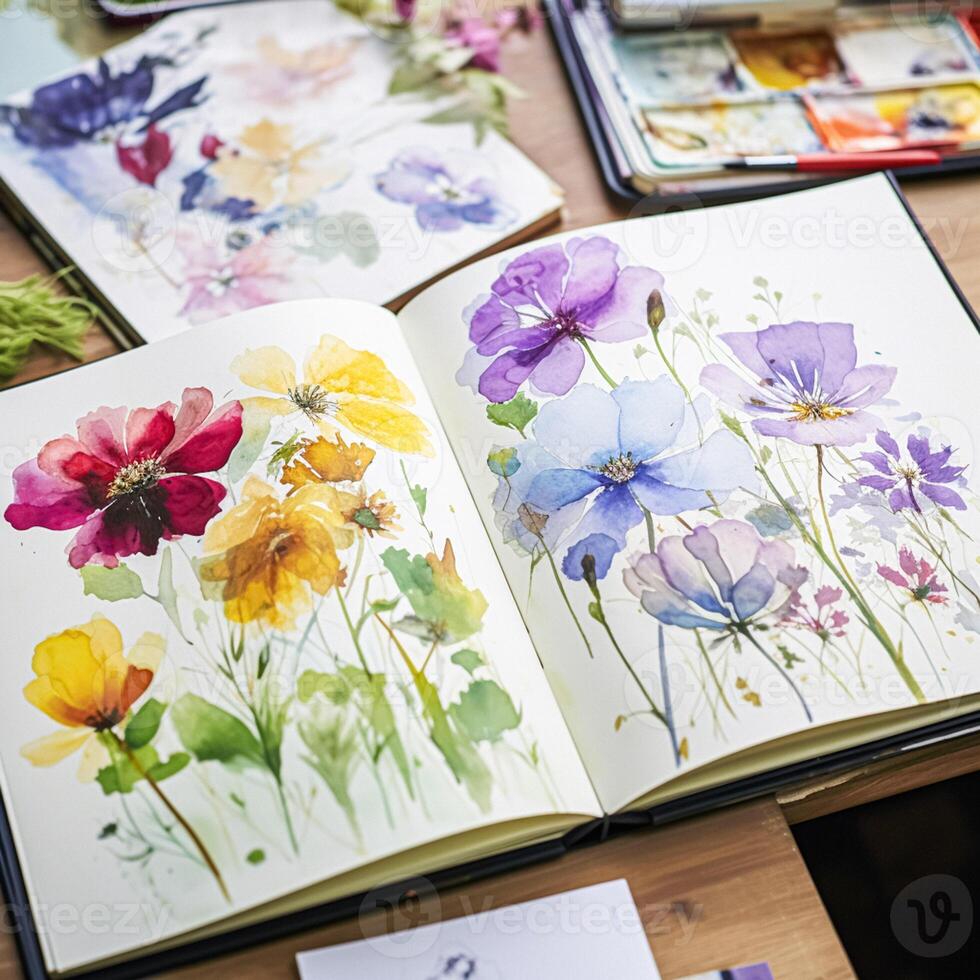 Watercolour painting of wildflowers in a sketchbook, surrounded by an array of watercolour paints and brushes on a wooden table, hobby and craft photo