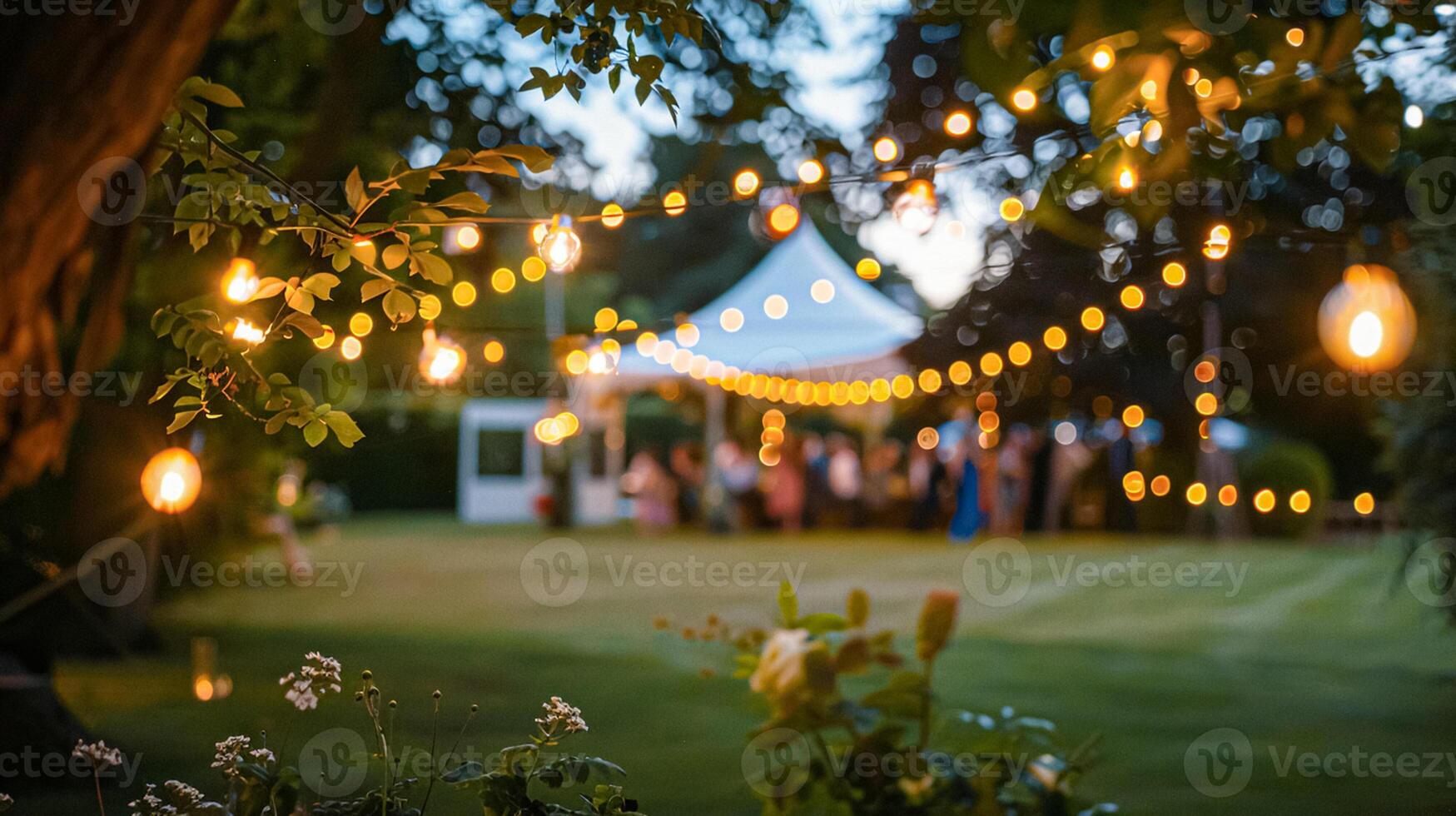 Outdoor wedding reception, warm glow of the lights creates a magical atmosphere as guests gather, the background is blurred, joyful ambiance of the celebration, romantic and festive photo