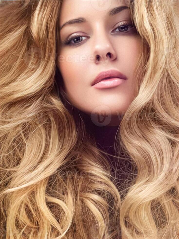Beautiful modern blonde woman with volume hairstyle, long luxurious hair and beauty makeup, glamorous look face portrait for luxury fashion and natural cosmetics photo