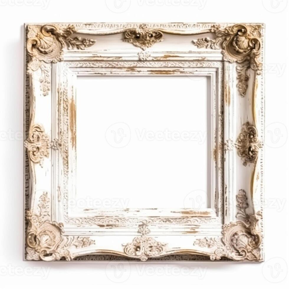 Empty vintage white wood square frame isolated on white background for wall art mockup, photo