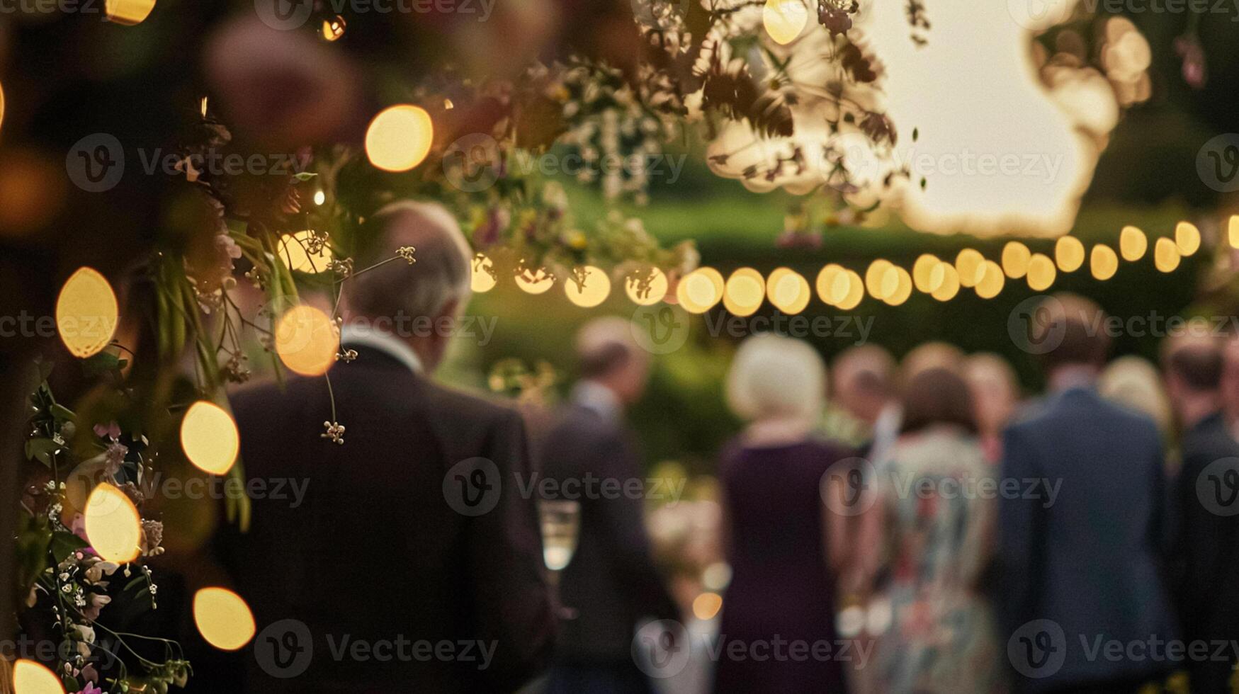 Outdoor wedding reception, warm glow of the lights creates a magical atmosphere as guests gather, the background is blurred, joyful ambiance of the celebration, romantic and festive photo