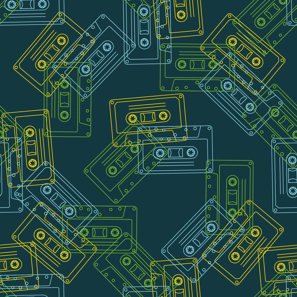90s retro elements. Seamless pattern of cassettes with audio tapes. Aesthetics of the 90s. Line art graphics vector