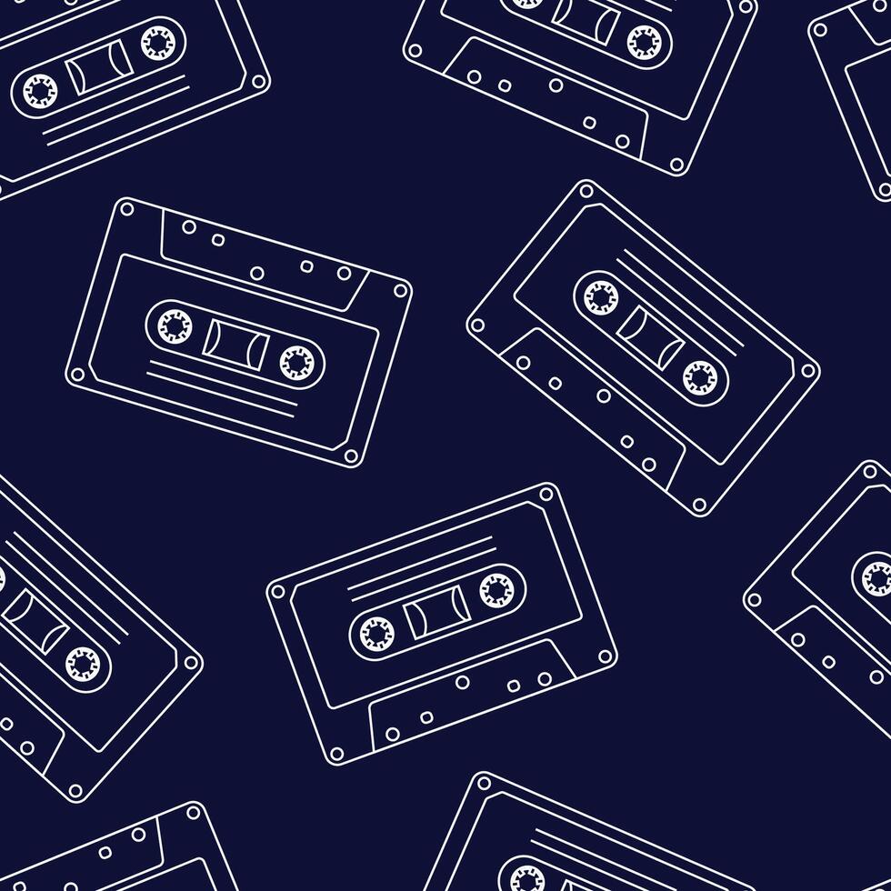 90s retro elements. Seamless pattern of cassettes with audio tapes. Aesthetics of the 90s. Line art graphics vector