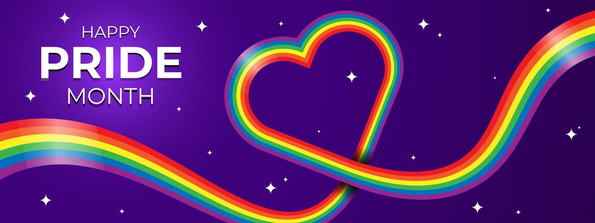pride month banner with lgbt rainbow color ribbon in heart in purple background with stars vector