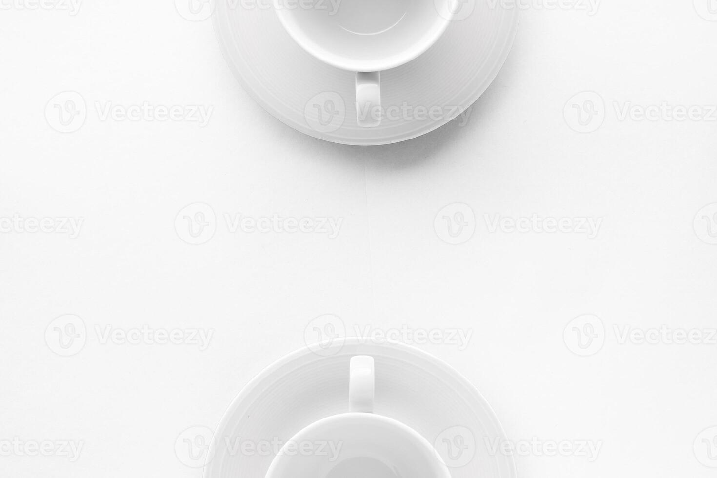 Empty cup and saucer mockup on white background, flatlay photo