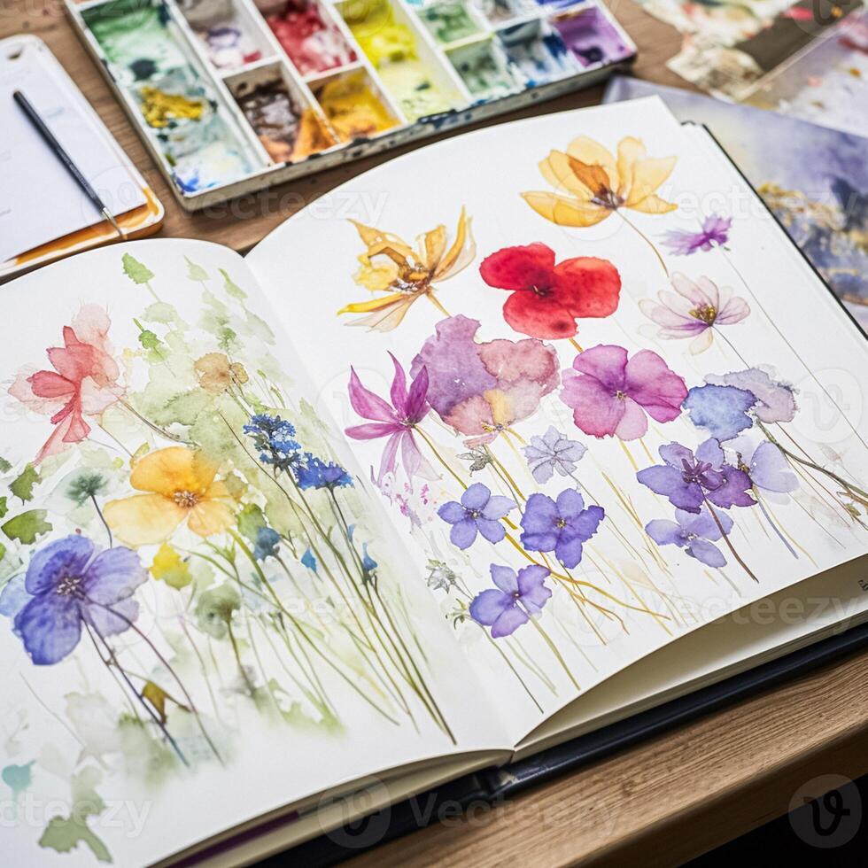 Watercolour painting of wildflowers in a sketchbook, surrounded by an array of watercolour paints and brushes on a wooden table, hobby and craft photo