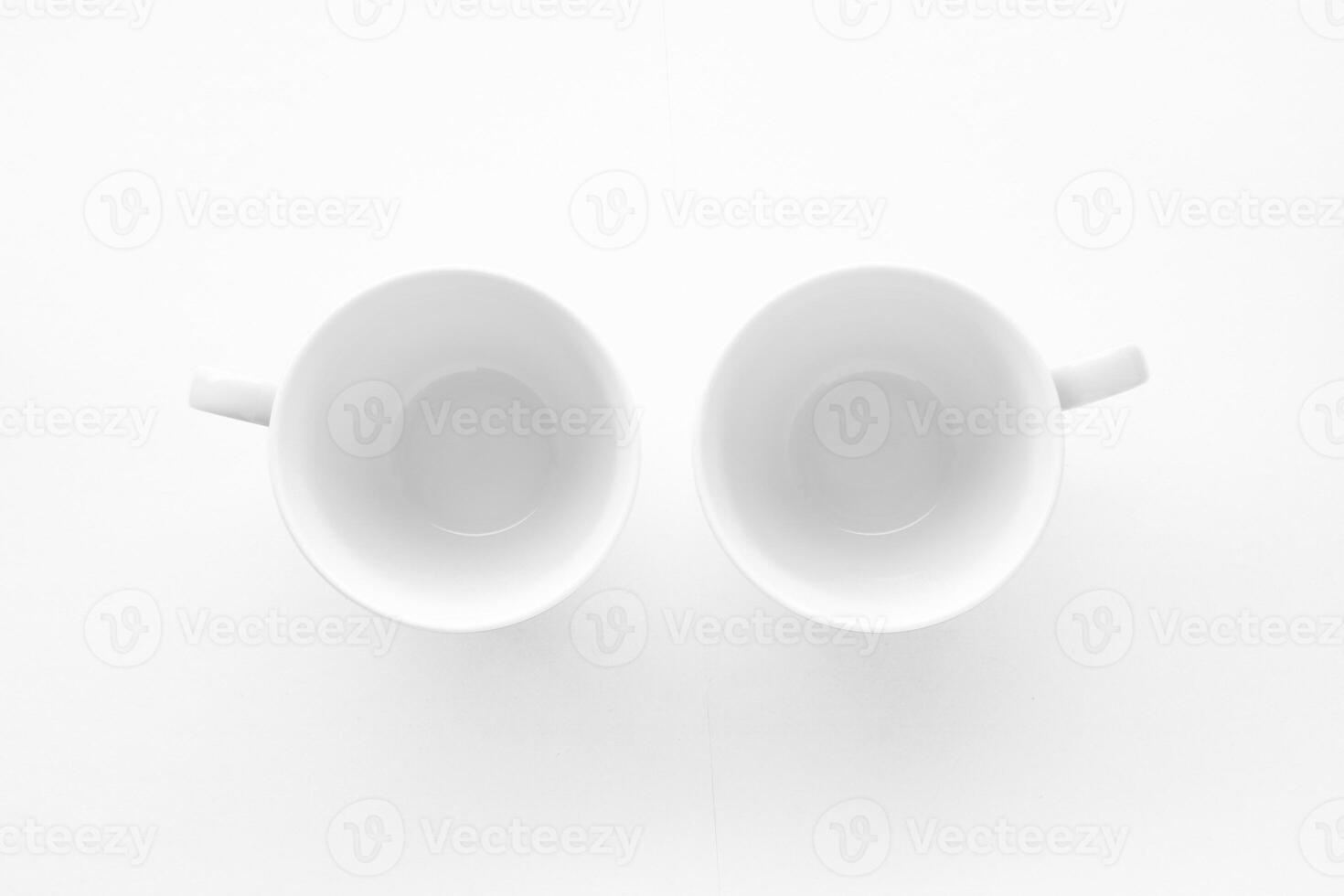 Empty cup and saucer mockup on white background, flatlay photo