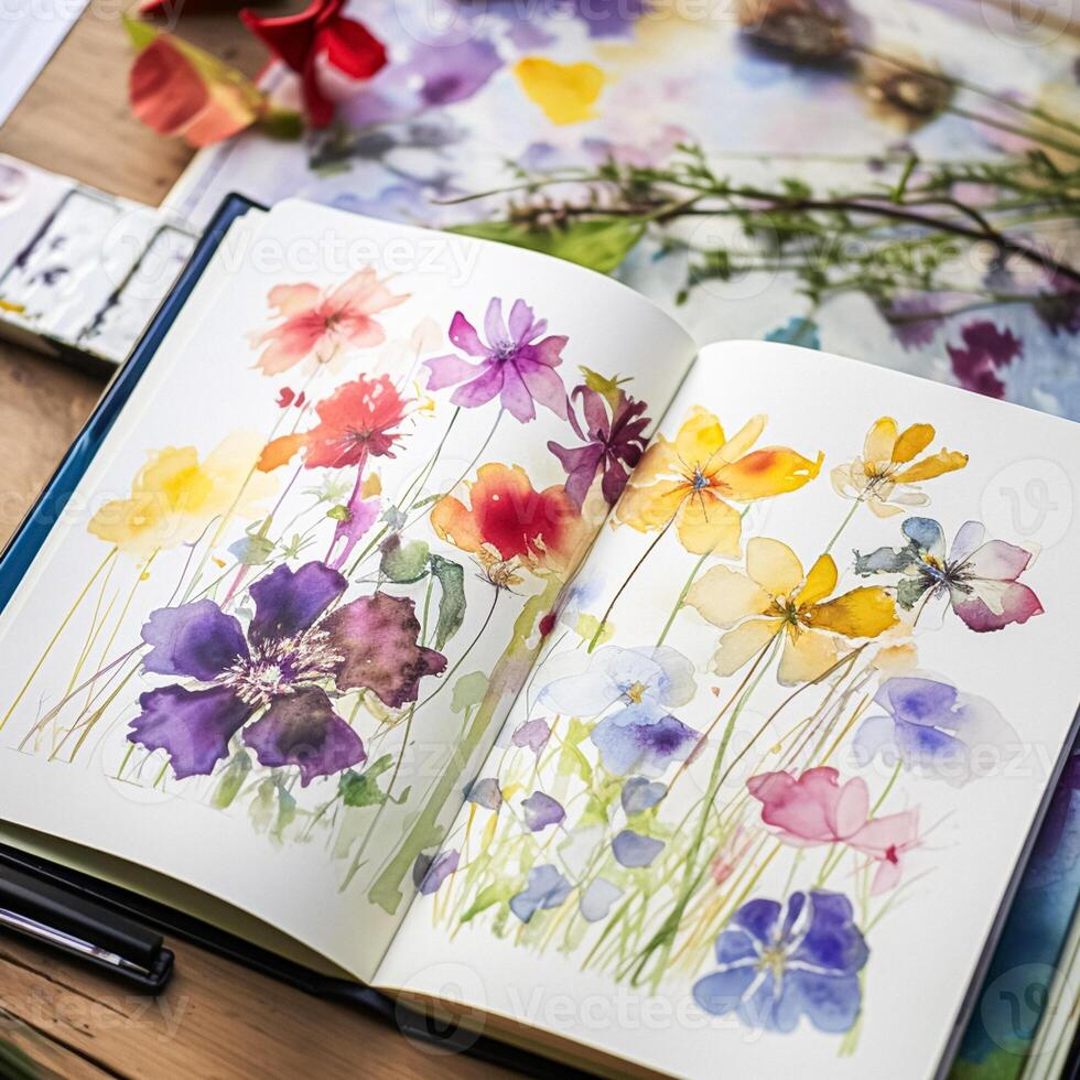 Watercolour painting of wildflowers in a sketchbook, surrounded by an array of watercolour paints and brushes on a wooden table, hobby and craft photo