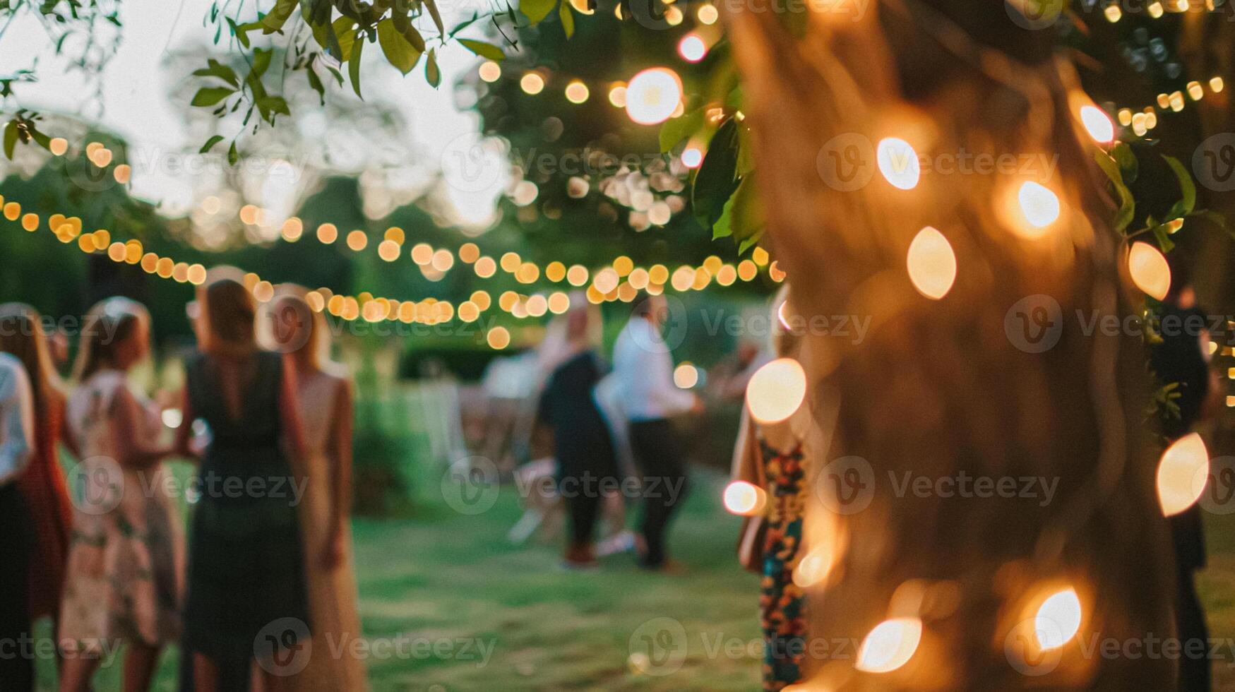Outdoor wedding reception, warm glow of the lights creates a magical atmosphere as guests gather, the background is blurred, joyful ambiance of the celebration, romantic and festive photo