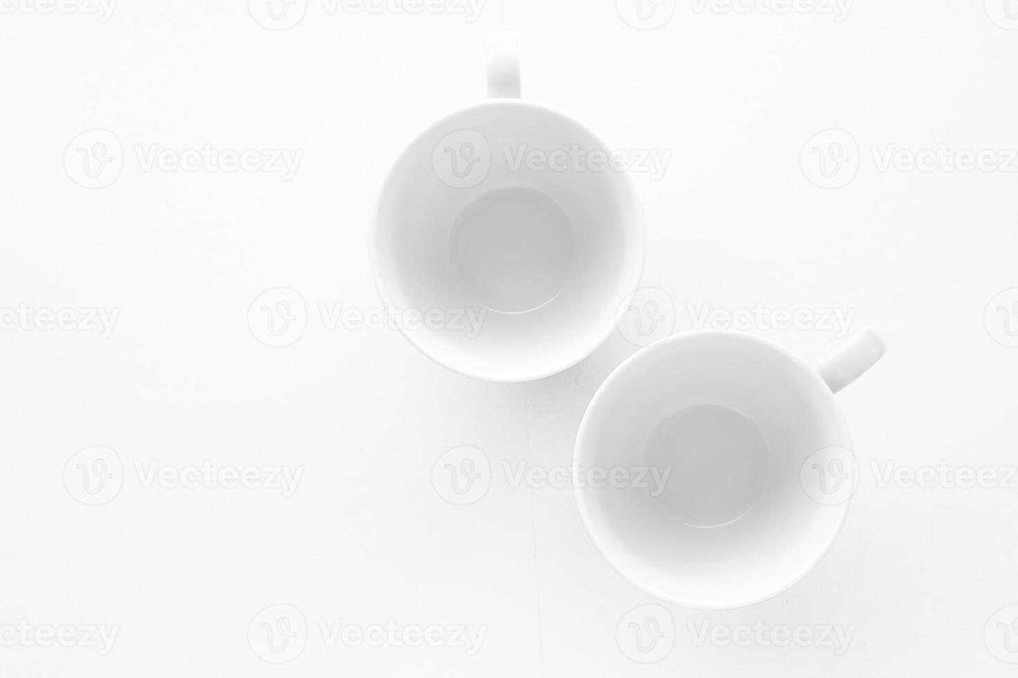 Empty cup and saucer mockup on white background, flatlay photo