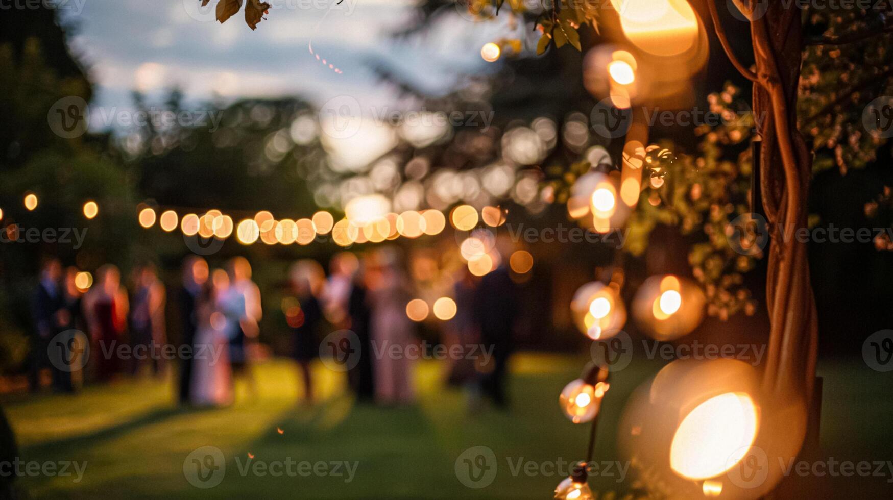 Outdoor wedding reception, warm glow of the lights creates a magical atmosphere as guests gather, the background is blurred, joyful ambiance of the celebration, romantic and festive photo
