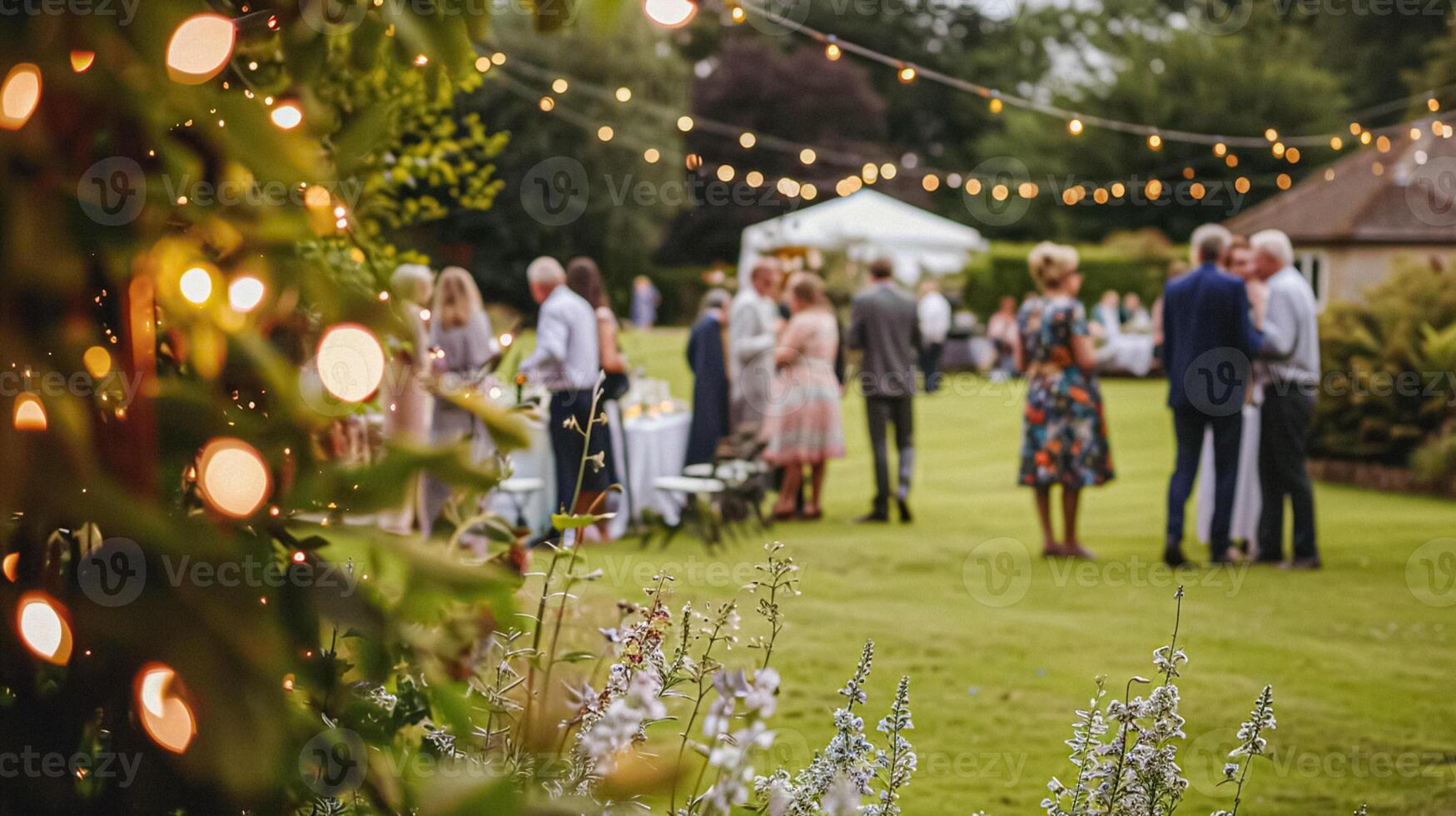 Outdoor wedding reception, warm glow of the lights creates a magical atmosphere as guests gather, the background is blurred, joyful ambiance of the celebration, romantic and festive photo