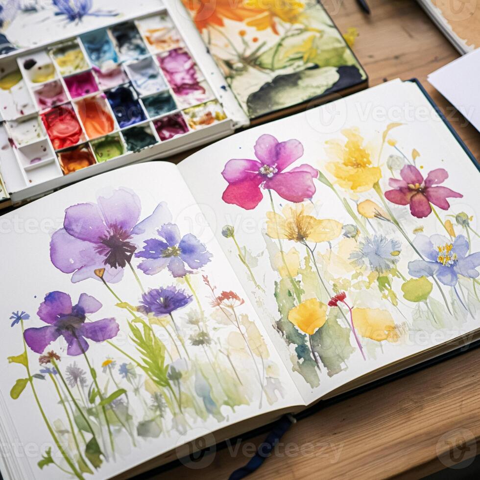 Watercolour painting of wildflowers in a sketchbook, surrounded by an array of watercolour paints and brushes on a wooden table, hobby and craft photo