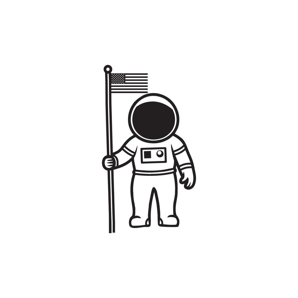 Astronaut with a flag moon outline design, Outer Space clipart illustration in black and white vector