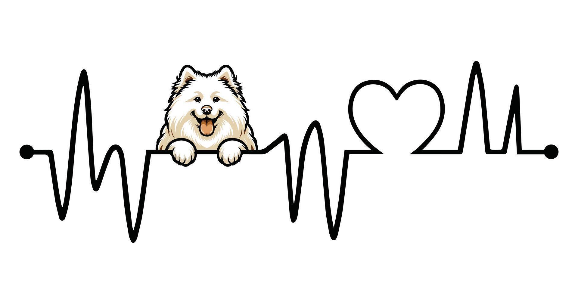 Heartbeat line with Samoyed Dog Peeking - Dog and Cardiogram wave with Heart Love isolated illustration vector
