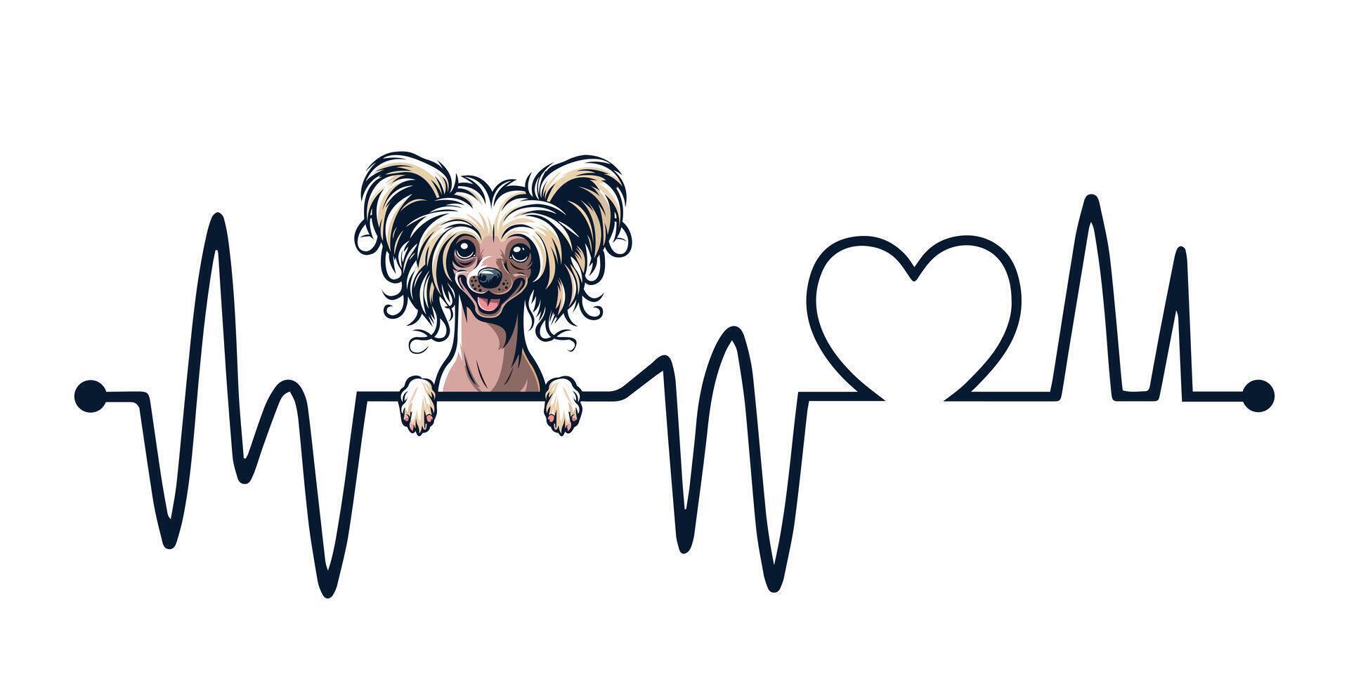Heartbeat line with Chinese Crested Dog Peeking - Dog and Cardiogram wave with Heart Love isolated illustration vector