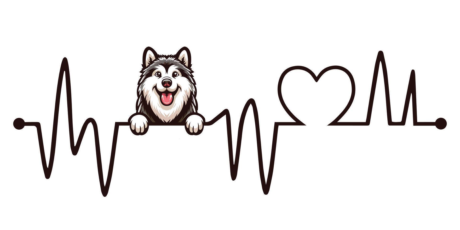 Heartbeat line with Alaskan Malamute Dog Peeking - Dog and Cardiogram wave with Heart Love isolated illustration vector