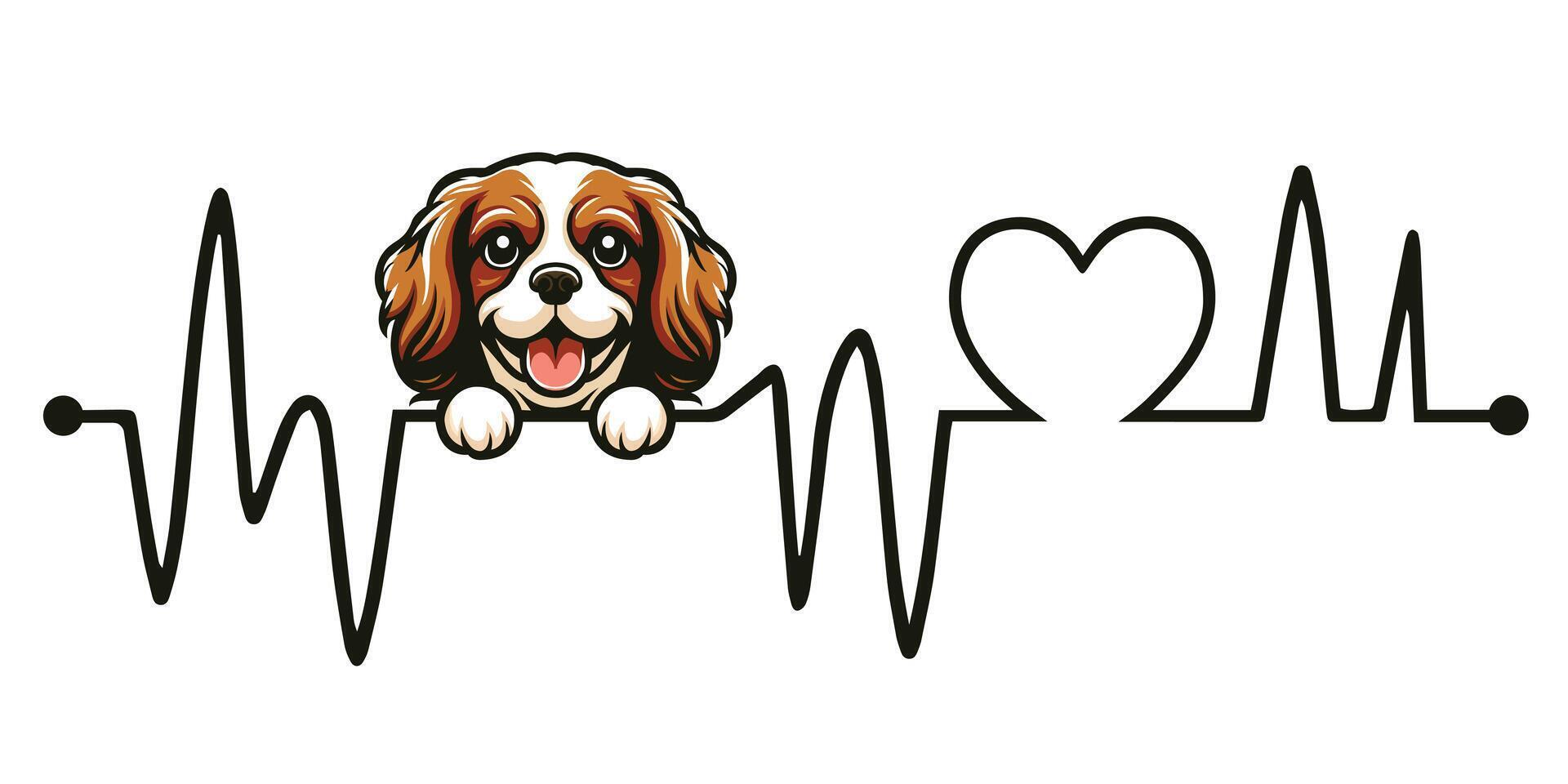 Heartbeat line with Cavalier King Dog Peeking, Dog and Cardiogram wave with Heart Love isolated illustration vector
