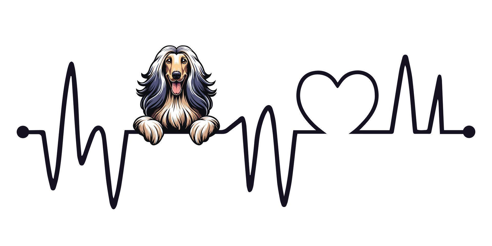 Heartbeat line with Afghan Hound Dog Peeking - Dog and Cardiogram wave with Heart Love isolated illustration vector