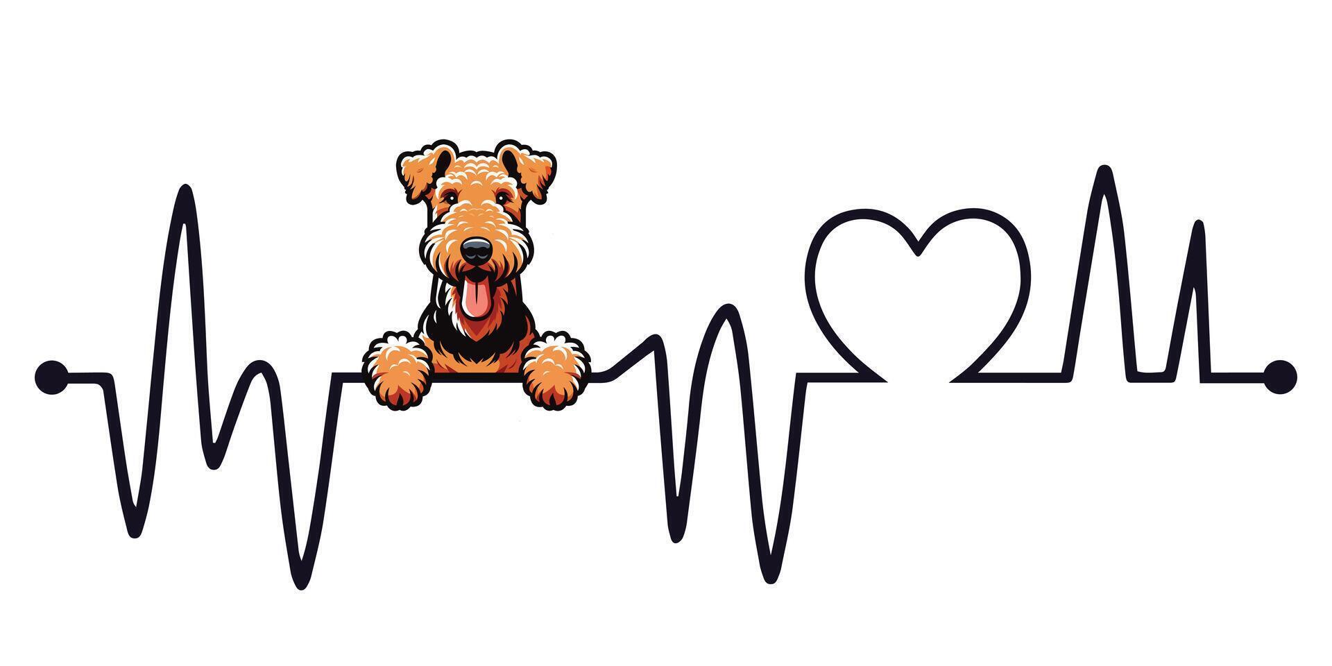 Heartbeat line with Airedale Terrier Dog Peeking - Dog and Cardiogram wave with Heart Love isolated illustration vector