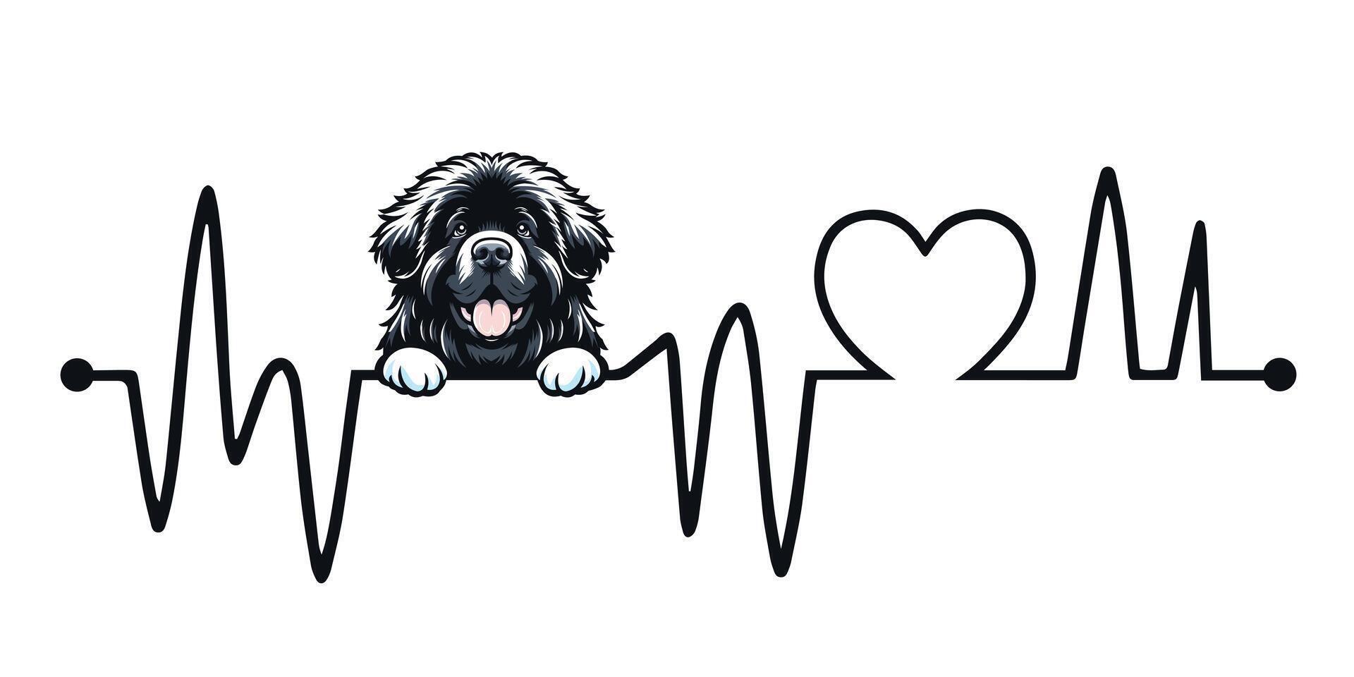 Heartbeat line with Newfoundland Dog Peeking, Dog and Cardiogram wave with Heart Love isolated illustration vector