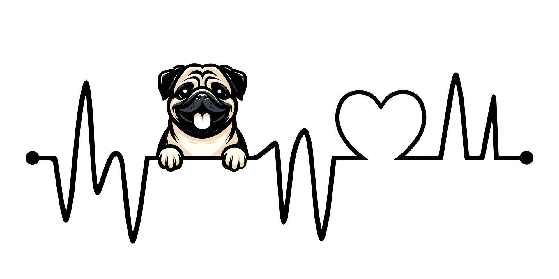 Heartbeat line with Pug Dog Peeking - Dog and Cardiogram wave with Heart Love isolated illustration vector