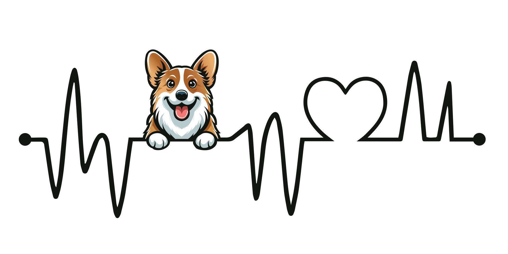 Heartbeat line with Pembroke Welsh Corgi Dog Peeking - Dog and Cardiogram wave with Heart Love isolated illustration vector