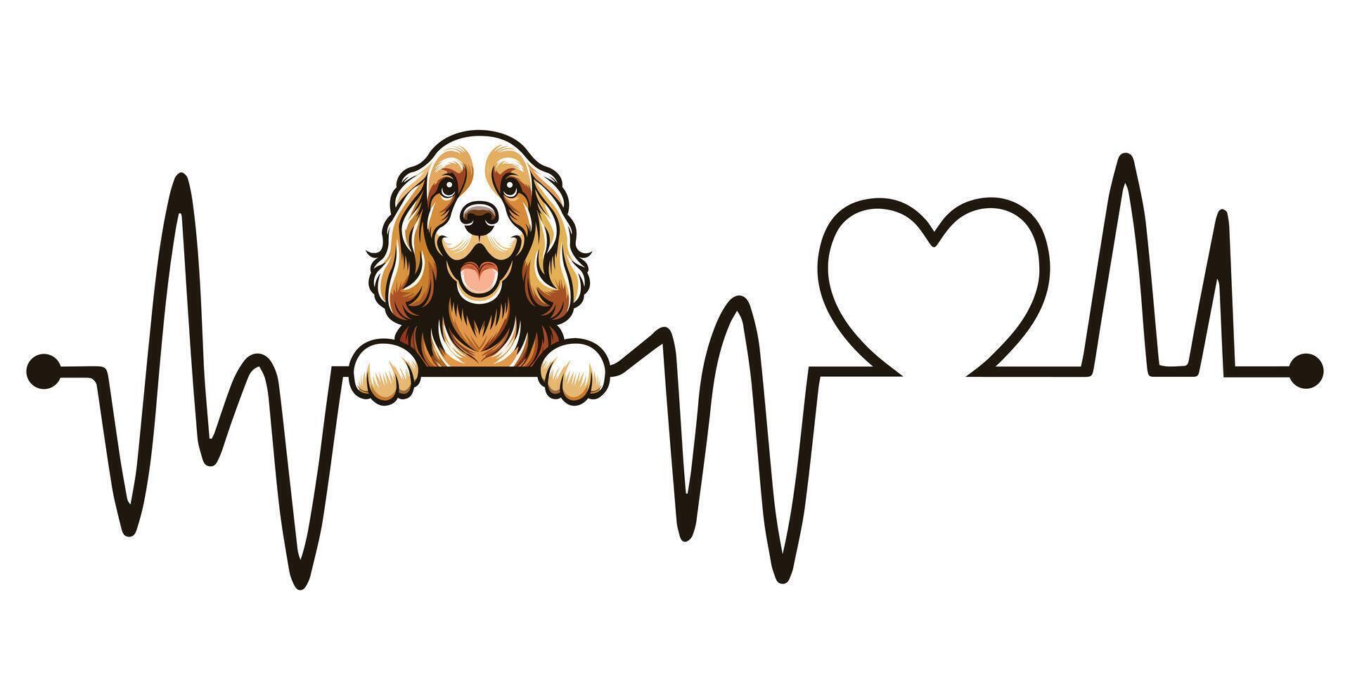 Heartbeat line with Clumber Spaniel Dog Peeking - Dog and Cardiogram wave with Heart Love isolated illustration vector