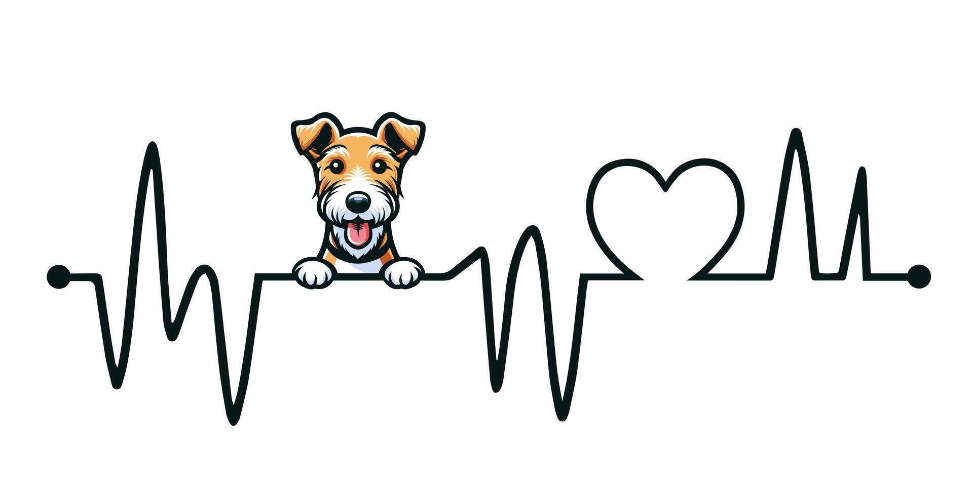 Heartbeat line with Fox Terrier Dog Peeking - Dog and Cardiogram wave with Heart Love isolated illustration vector