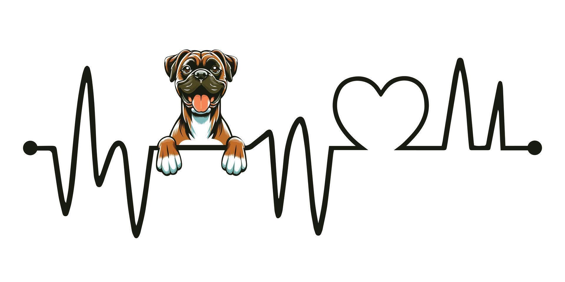 Heartbeat line with Boxer Dog Peeking - Dog and Cardiogram wave with Heart Love isolated illustration vector