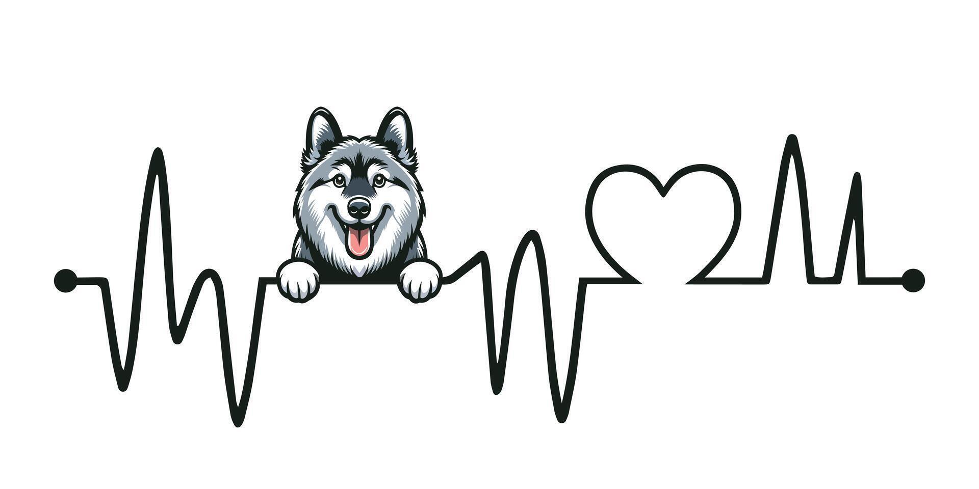 Heartbeat line with Norwegian Elkhound Dog Peeking - Dog and Cardiogram wave with Heart Love isolated illustration vector