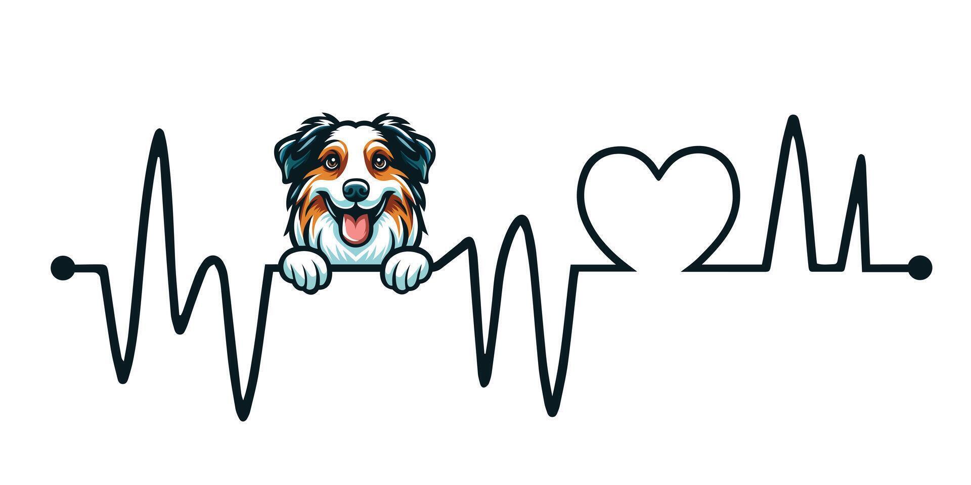 Heartbeat line with Australian Shepherd Dog Peeking - Dog and Cardiogram wave with Heart Love isolated illustration vector