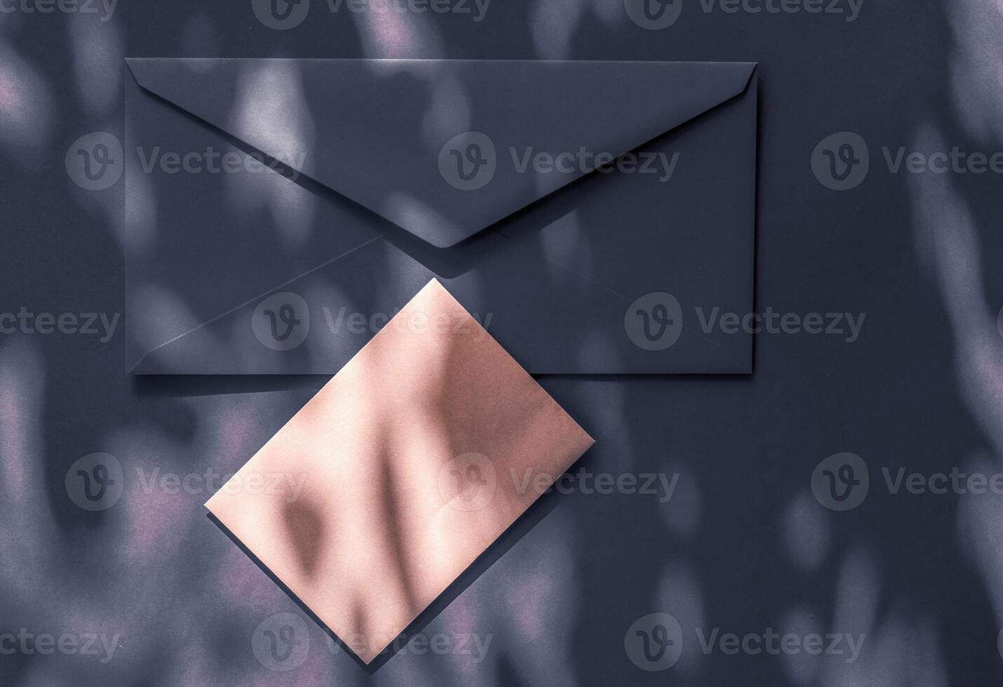 Beauty brand identity as flatlay mockup design, business card and letter for online luxury branding on charcoal shadow background photo