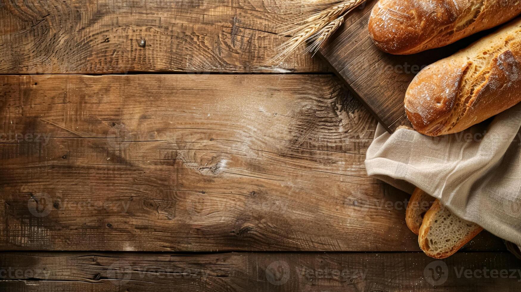 Bakery with baked bread, variety of bread loaves, rolls, and baguettes displayed in baskets and on wooden shelves in the English countryside village photo