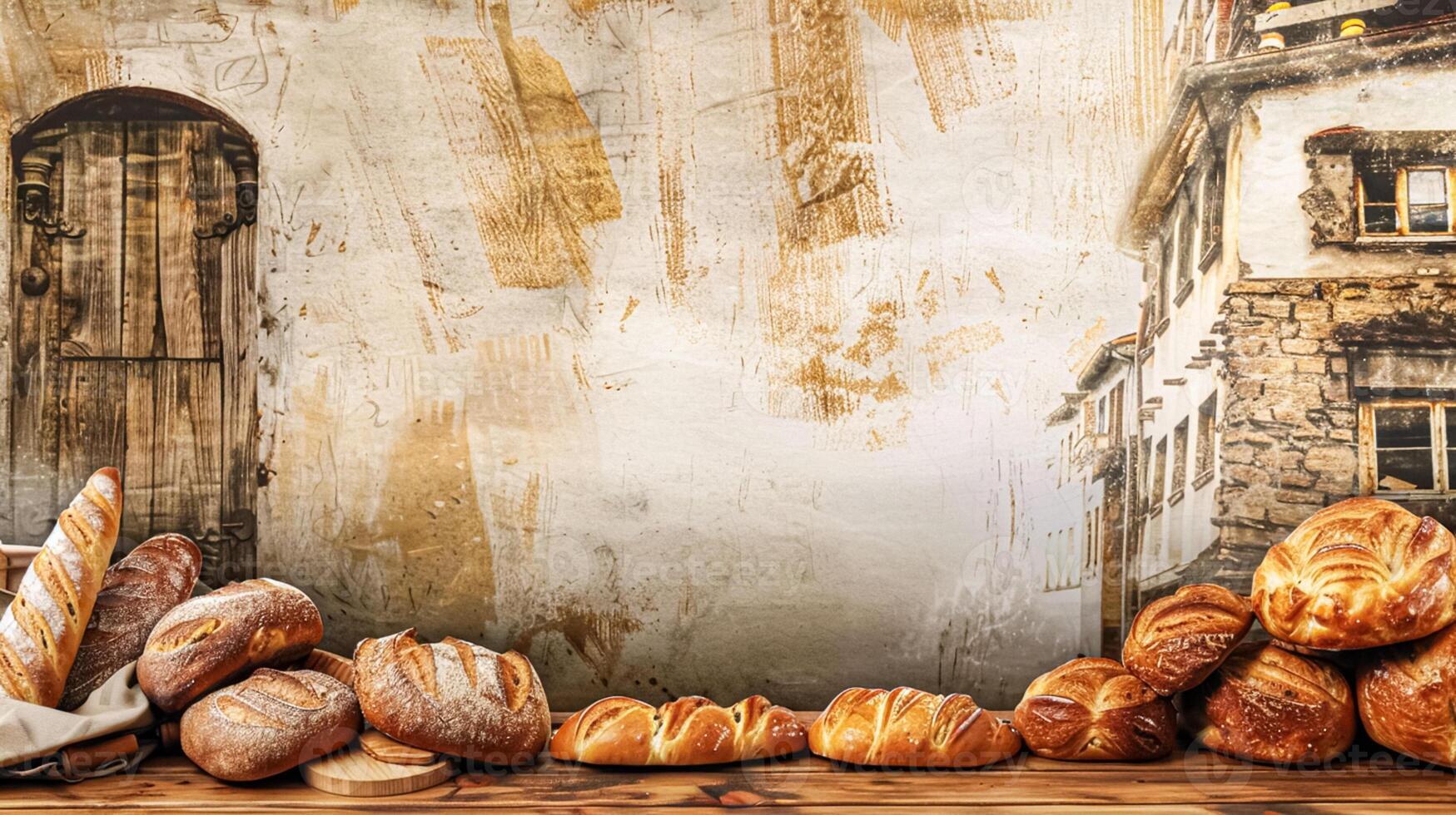 Bakery with baked bread, variety of bread loaves, rolls, and baguettes displayed in baskets and on wooden shelves in the English countryside village photo