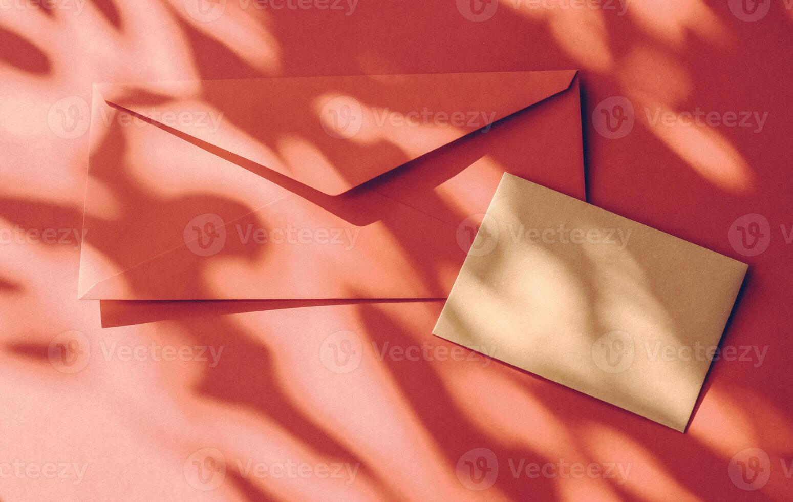 Beauty brand identity as flatlay mockup design, business card and letter for online luxury branding on orange shadow background photo