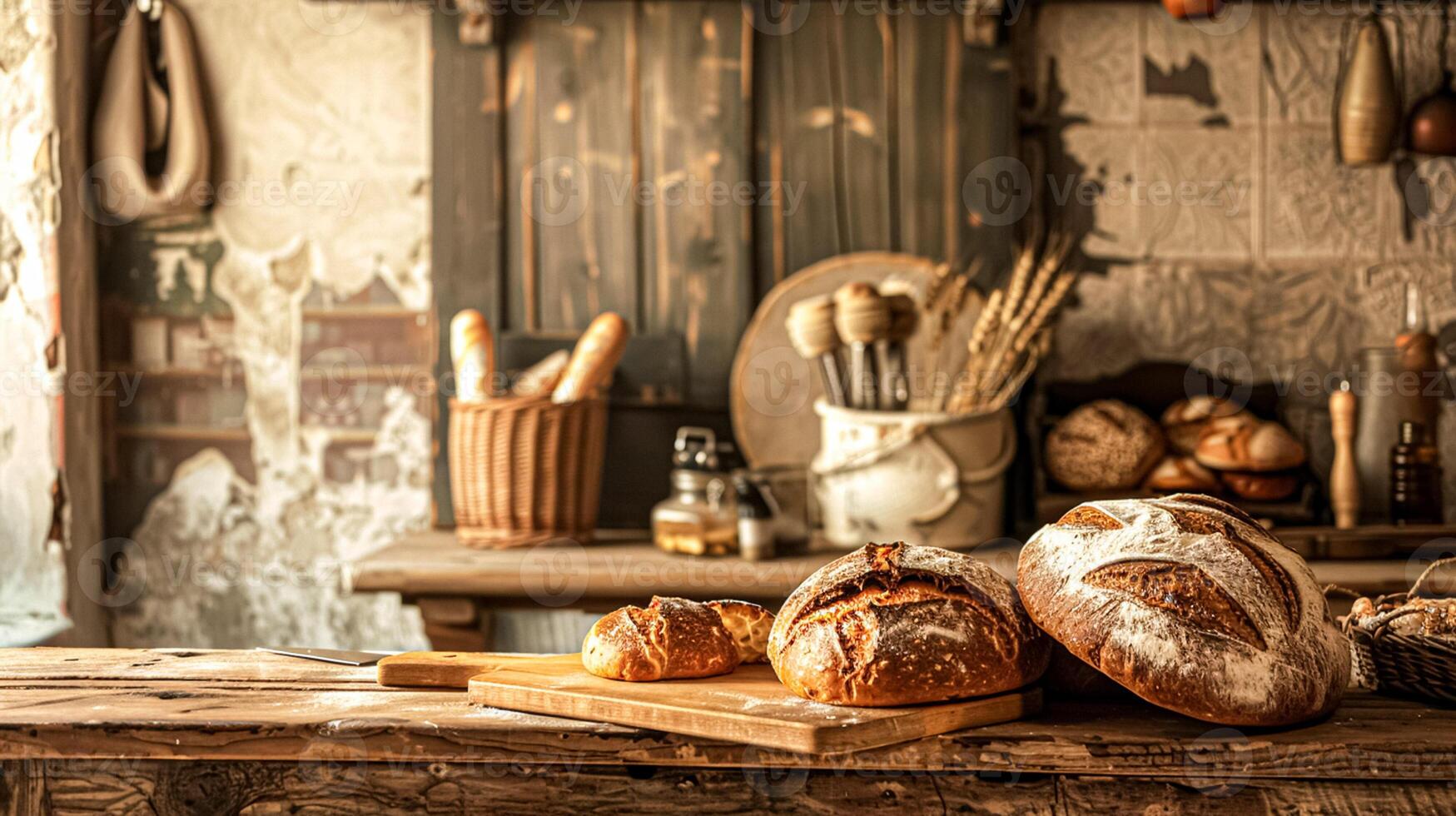Bakery with baked bread, variety of bread loaves, rolls, and baguettes displayed in baskets and on wooden shelves in the English countryside village photo