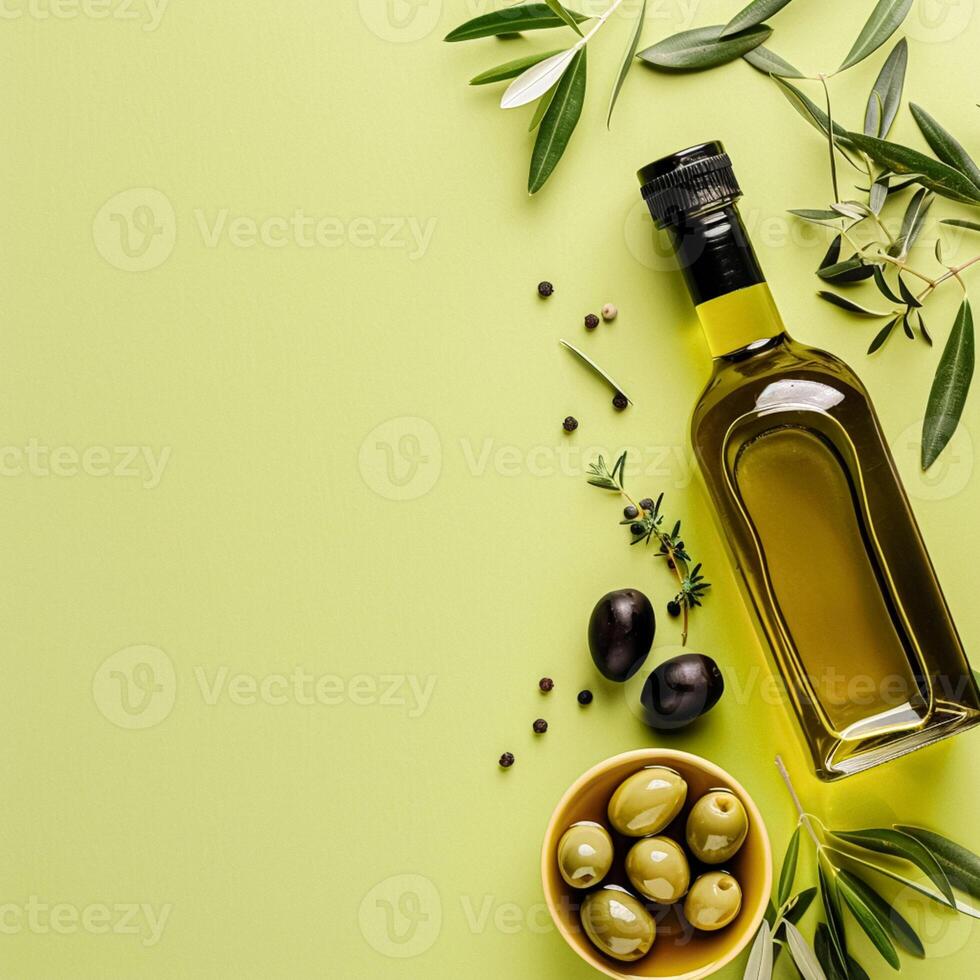 Olive oil bottle ad background with copyspace, vegetable oil commercial produce, food industry and retail photo