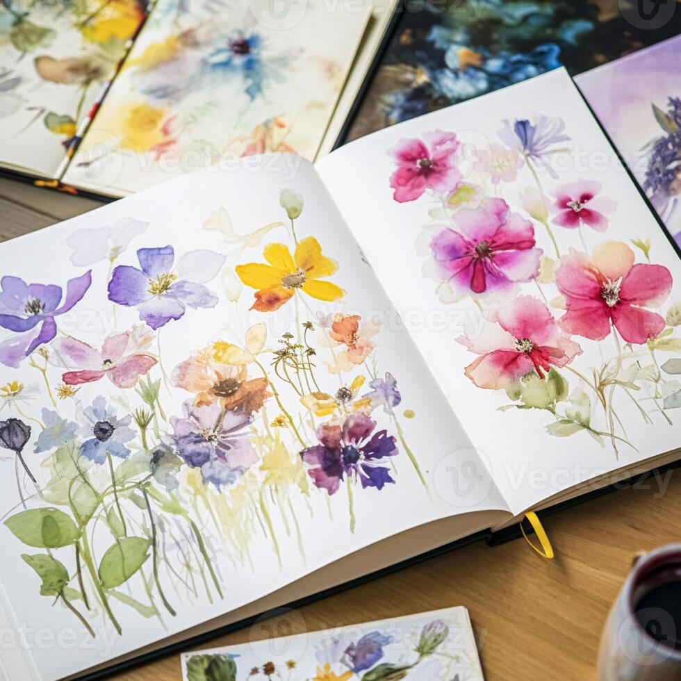 Watercolour painting of wildflowers in a sketchbook, surrounded by an array of watercolour paints and brushes on a wooden table, hobby and craft photo