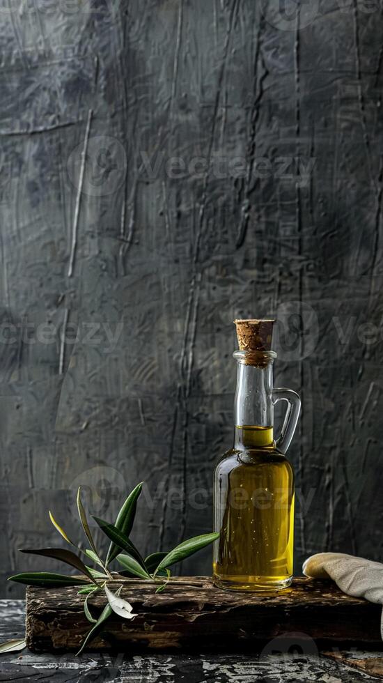 Olive oil bottle ad background with copyspace, vegetable oil commercial produce, food industry and retail photo