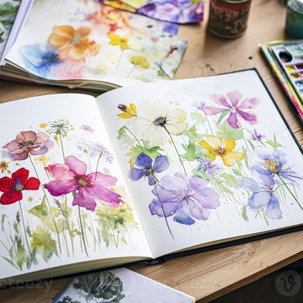 Watercolour painting of wildflowers in a sketchbook, surrounded by an array of watercolour paints and brushes on a wooden table, hobby and craft photo