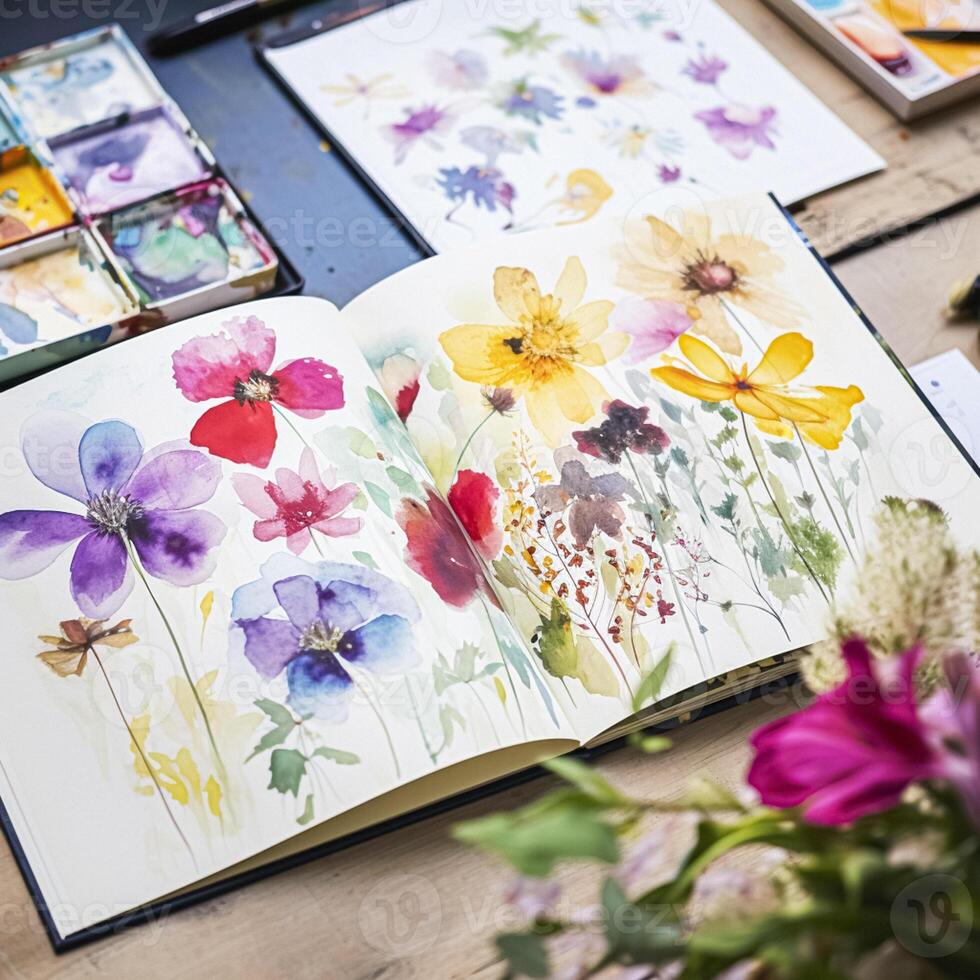 Watercolour painting of wildflowers in a sketchbook, surrounded by an array of watercolour paints and brushes on a wooden table, hobby and craft photo