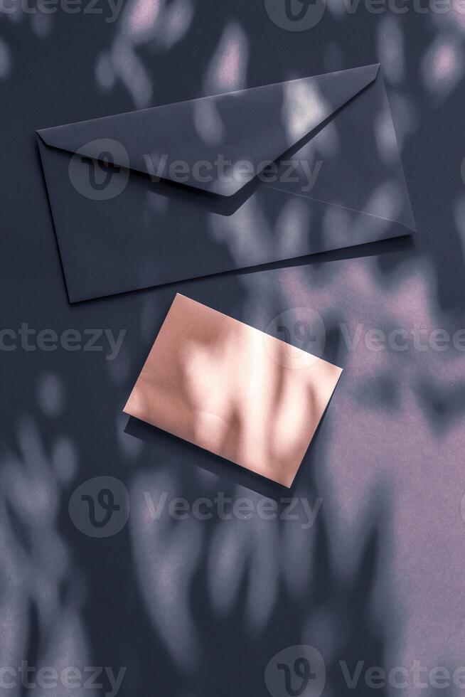 Beauty brand identity as flatlay mockup design, business card and letter for online luxury branding on charcoal shadow background photo