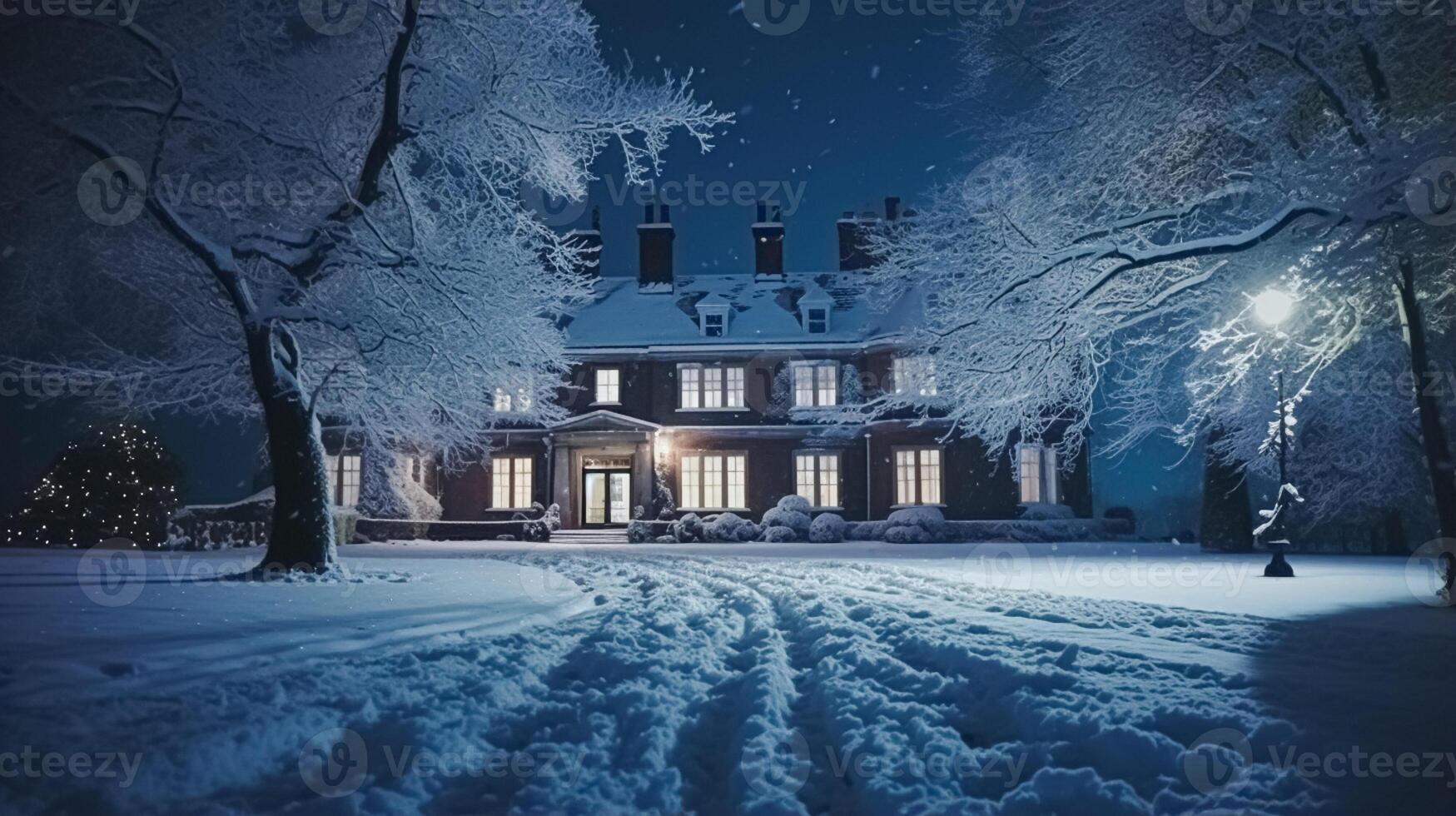 Christmas in the countryside manor, English country house mansion decorated for holidays on a snowy winter evening with snow and holiday lights, Merry Christmas and Happy Holidays photo