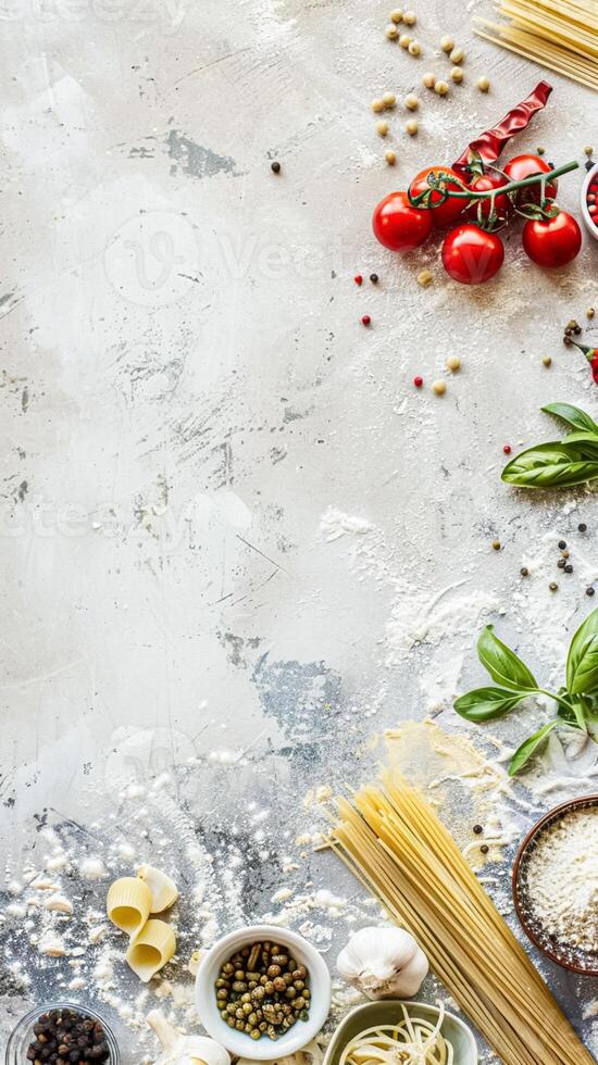 Pasta recipe preparation flatlay background with ingredients, spaghetti, olive oil, garlic, tomatoes and spices in the kitchen, homemade food recipe photo