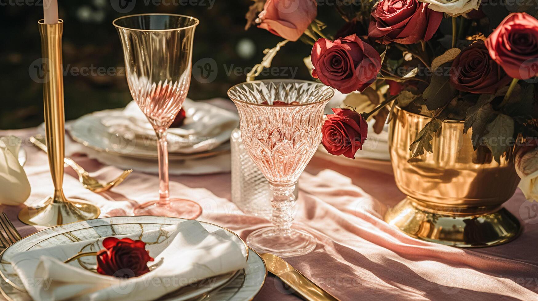 Wedding and event celebration tablescape with flowers, formal dinner table setting with roses and wine, elegant floral table decor for dinner party and holiday decoration, home styling photo