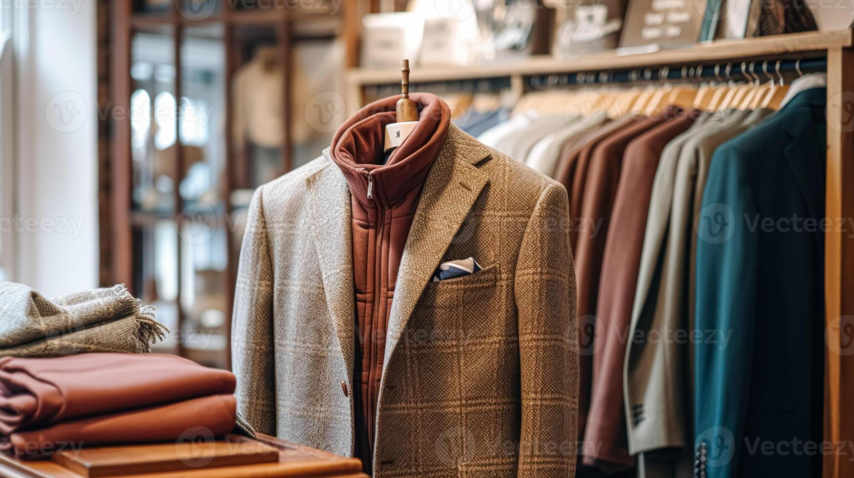 Menswear store in English countryside style, autumn winter clothing collection photo