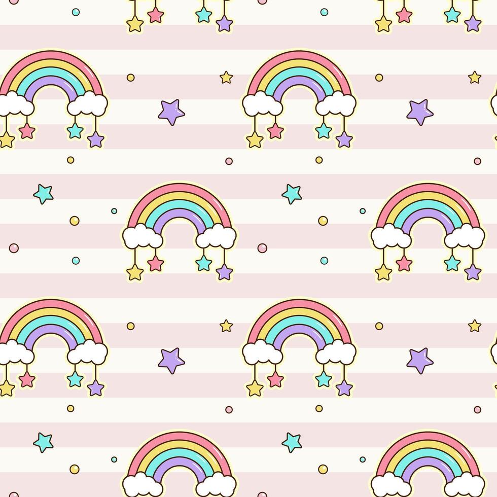 Cute background with rainbows and stars. Seamless patterns in cartoon style. Fantasy childish wallpaper. vector