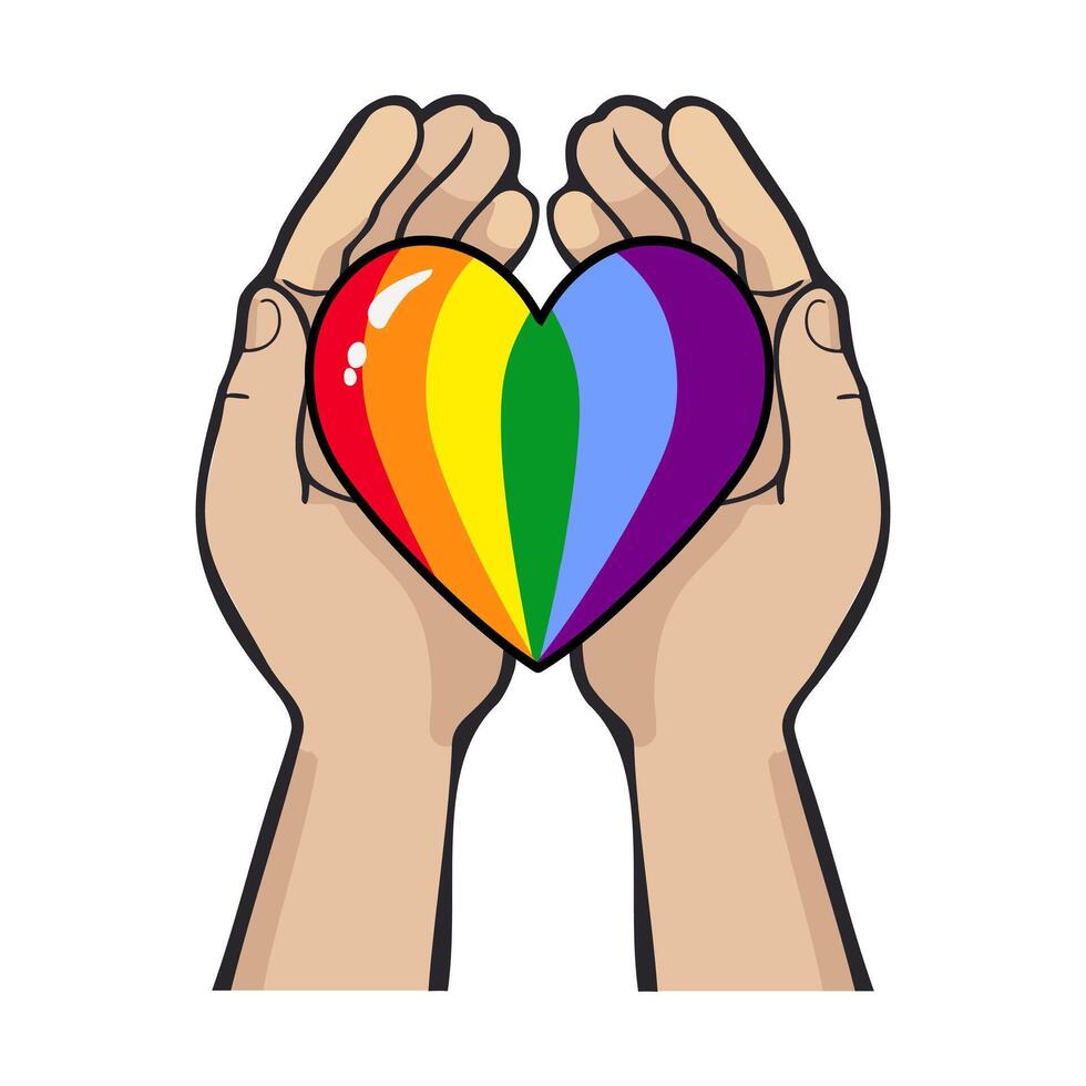Rainbow flag inside heart. Heart in hands. LGBT community symbol, sticker. Symbol of LGBT gay pride. vector