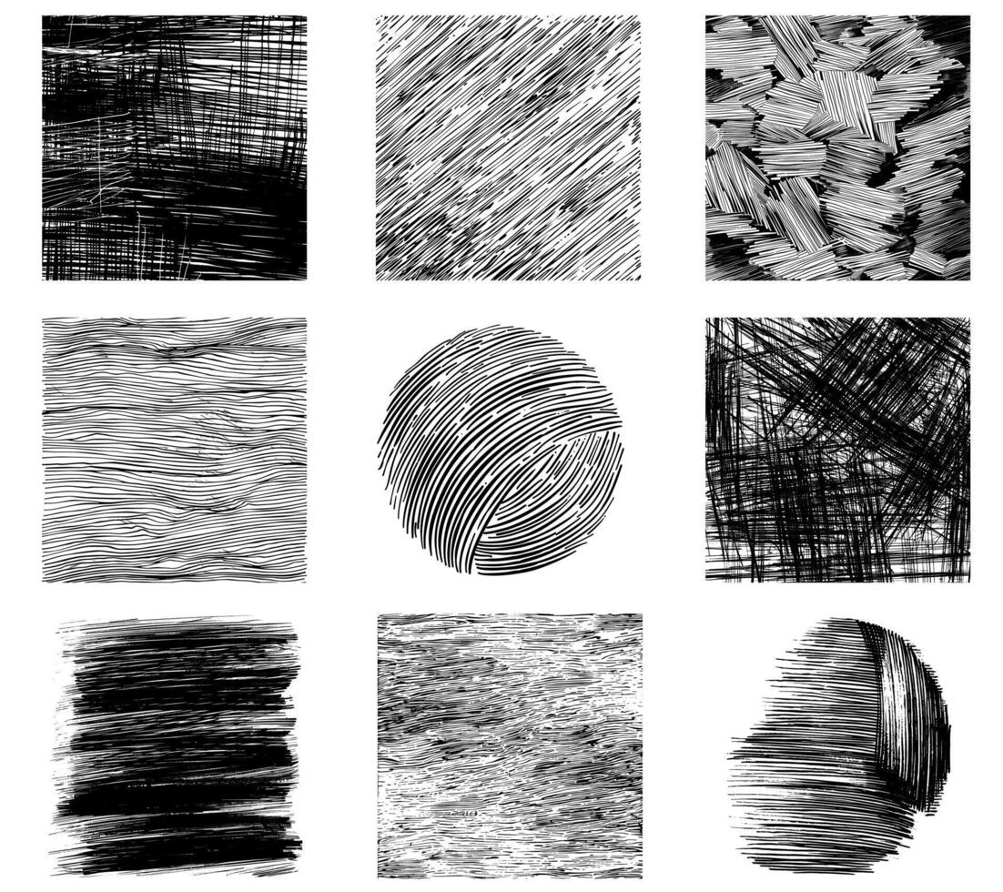 Set of hand drawn grunge textures. Pencil crosshatch shapes. Doodle and sketch style. vector